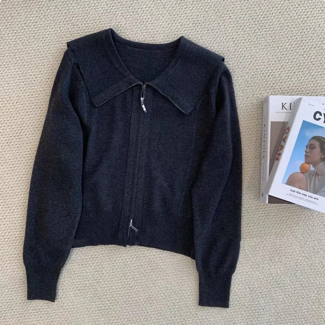 细羊毛25春季韩范洋气大翻领拉链针织开衫时尚百搭显瘦毛衣女