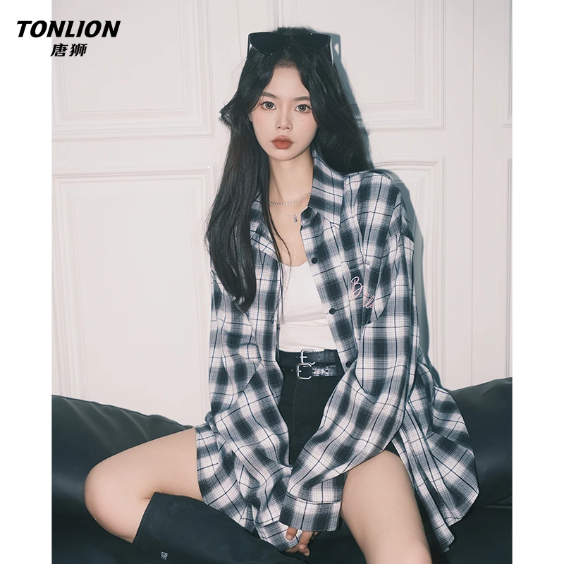 唐狮慵懒风黑白格长袖chic衬衫女美式休闲百搭刺绣宽松开衫上衣