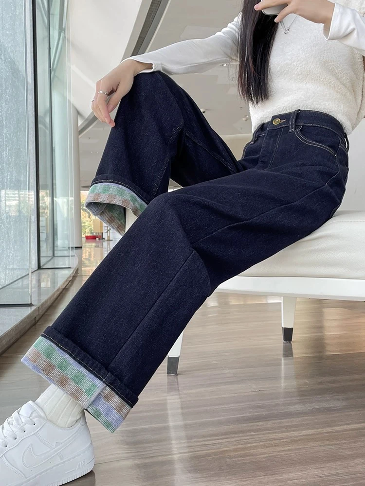 【肉总】撞色翻边阔腿显瘦窄版直筒牛仔裤