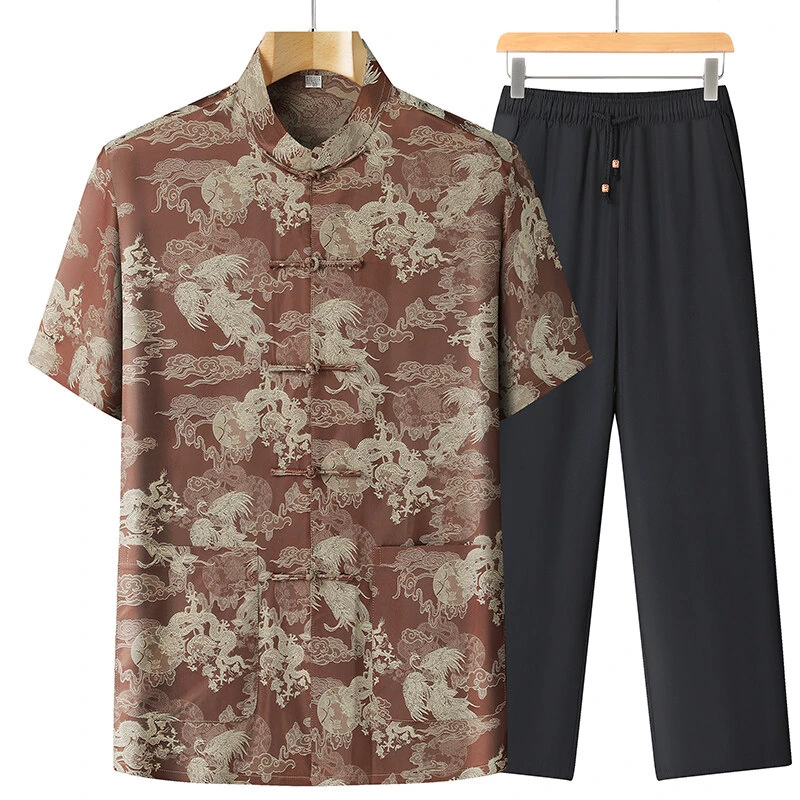 2024年中国风唐装男款宽松爸爸装休闲流行复古风唐装短袖套装衬衫