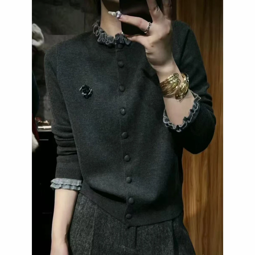 女士灰色毛衣秋冬季慵懒高级感软糯休闲显瘦木耳边立领针织衫上衣