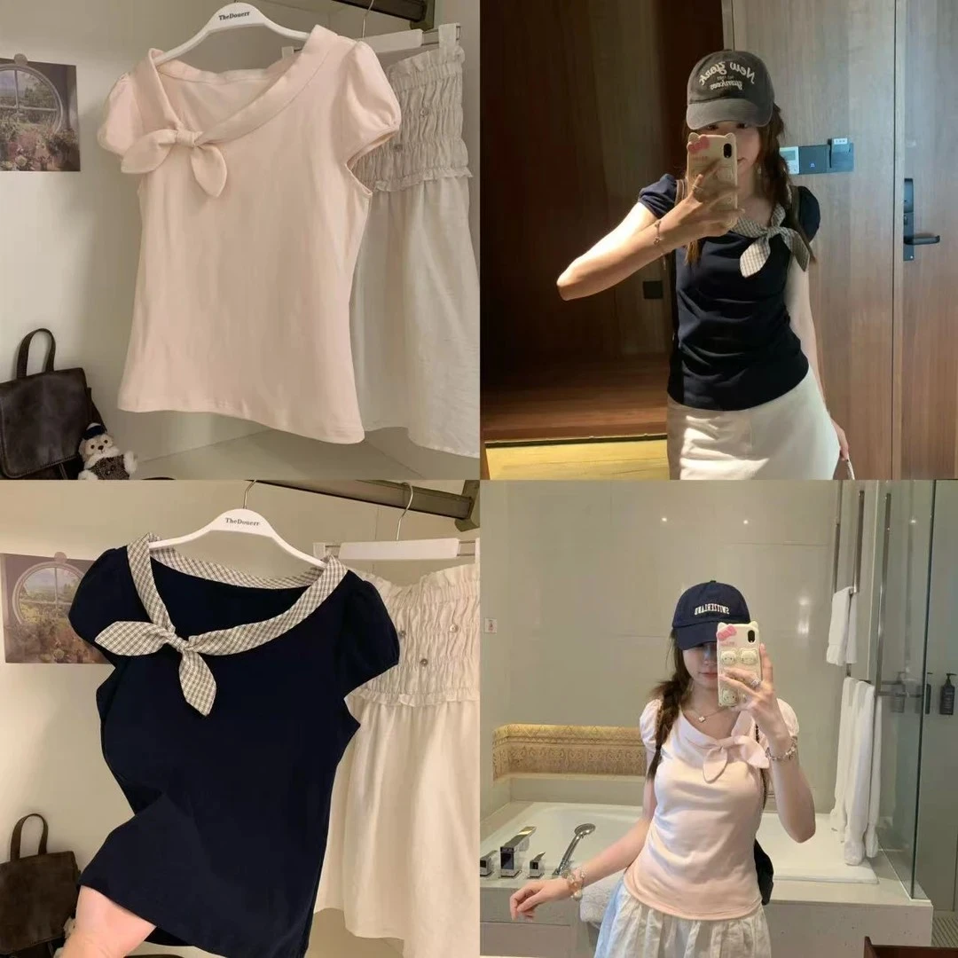 【送运费险】现货~韩系穿搭乖巧感短袖恤两色修身显瘦纯欲百搭上衣