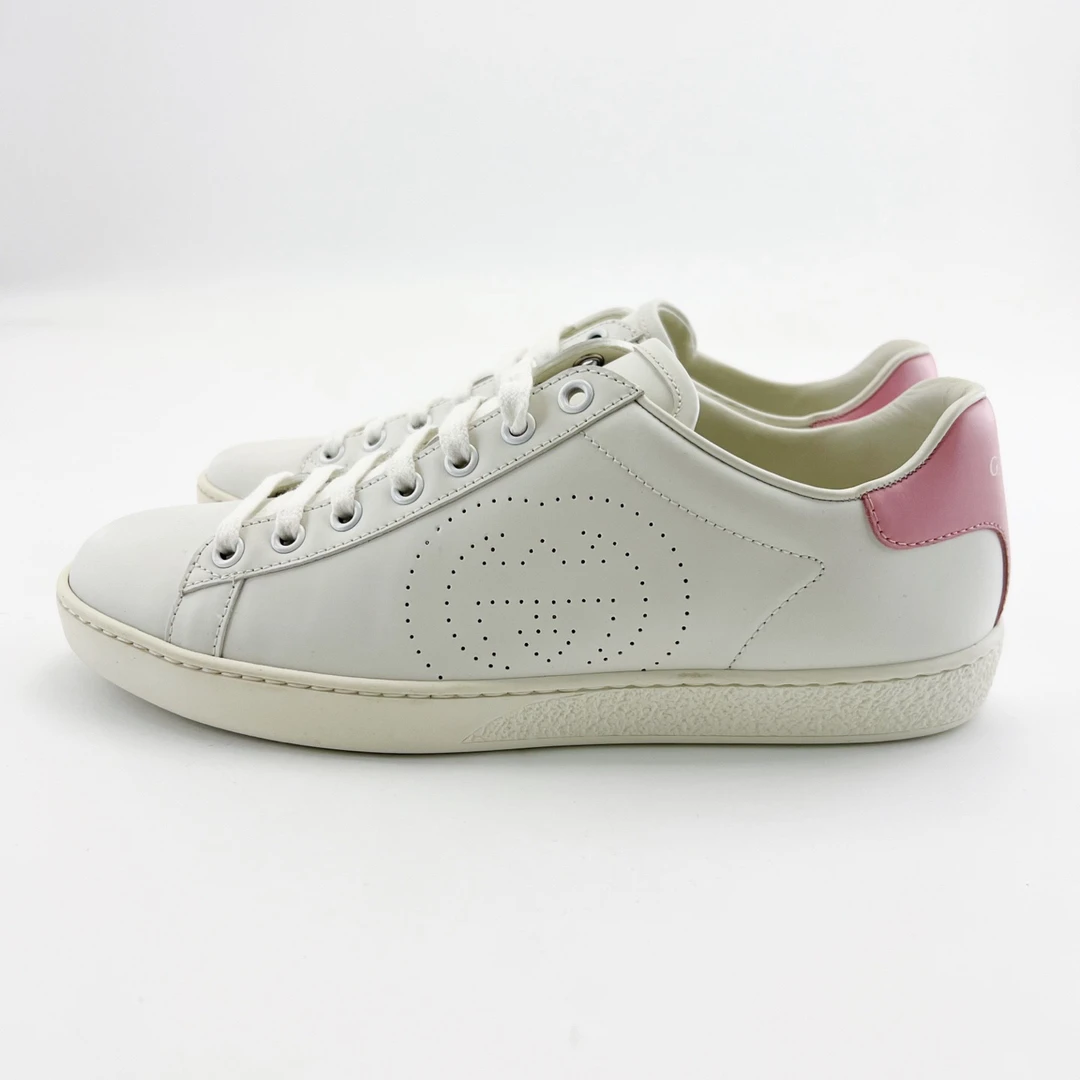 99新 GUCCI/古驰 37.5码/白色Ace互扣式双G粉尾小白鞋/15591676