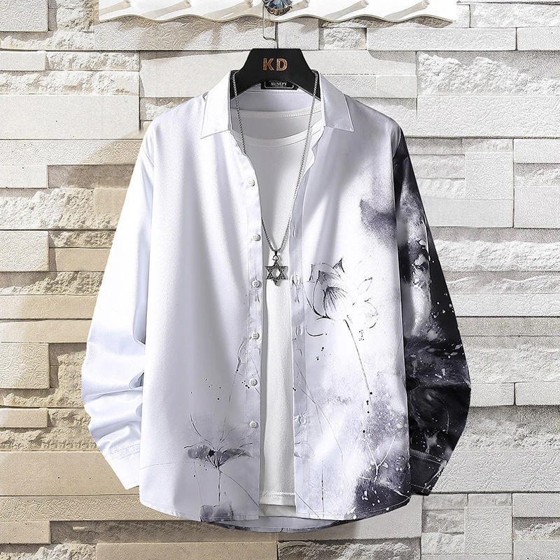 国潮风百搭衬衫男士山水画印花帅气外套宽松休闲春秋季衬衣上衣服