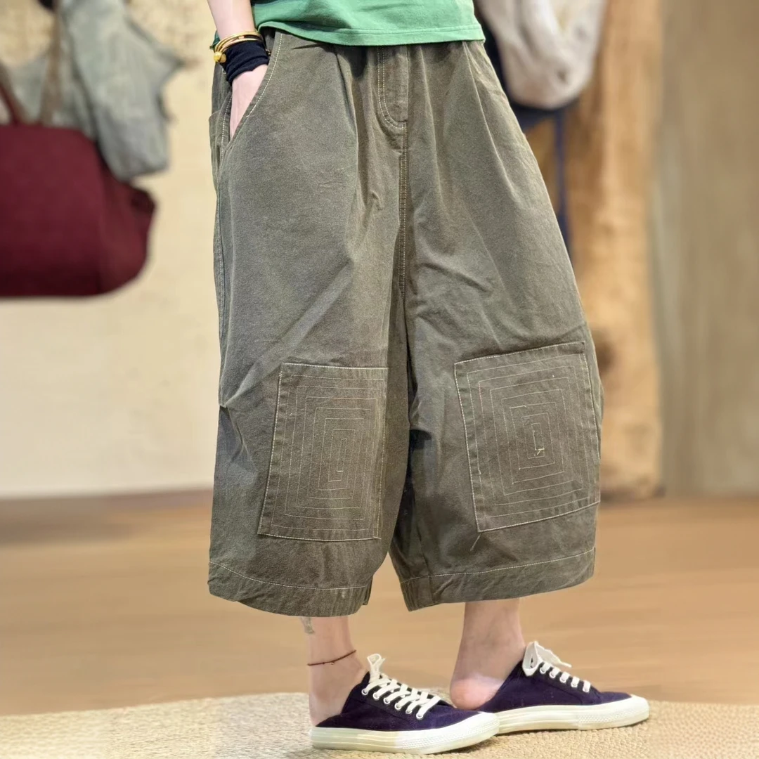 忆古朴拙色织混纺膝盖补丁8分裤231017-3