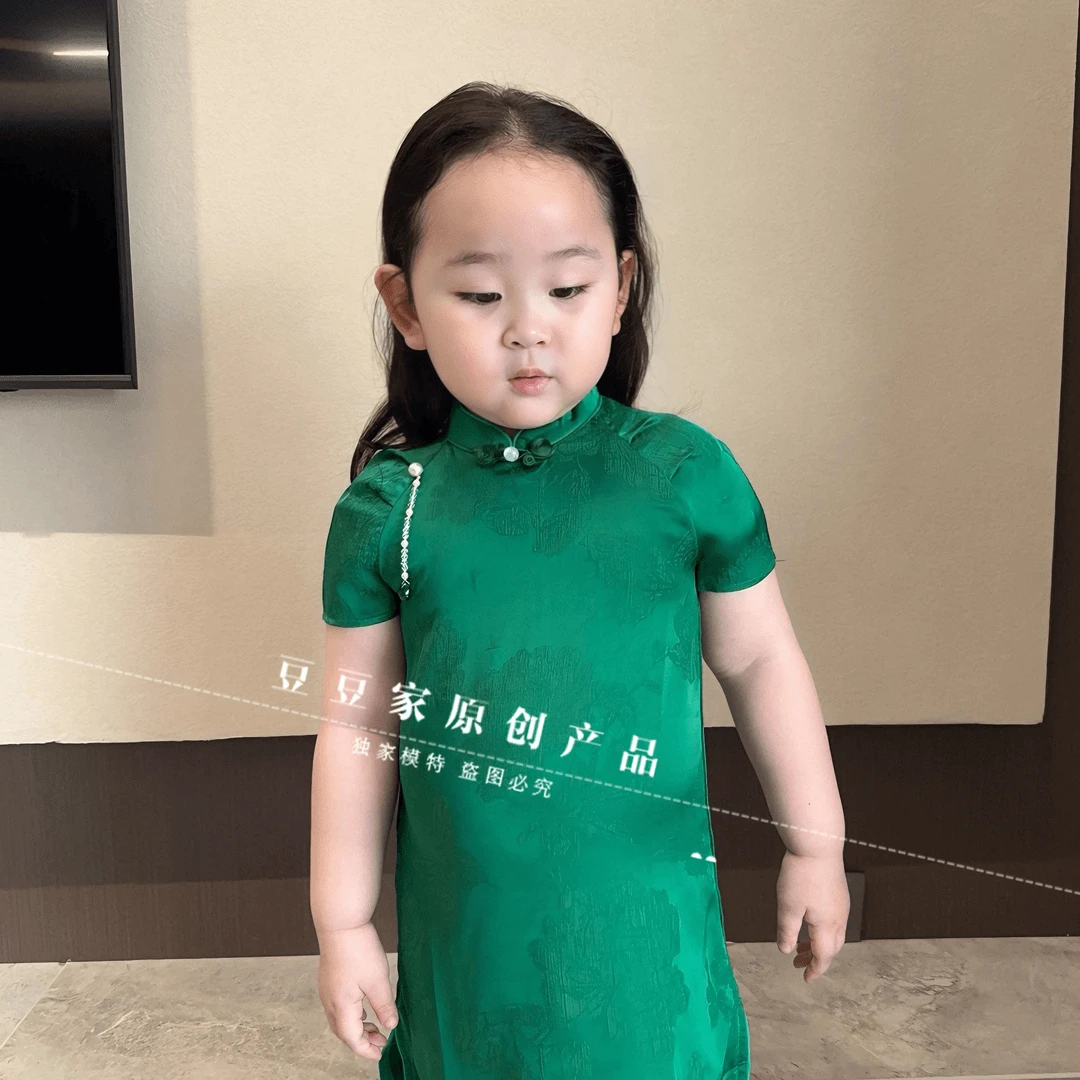 女童旗袍裙夏绿色气质复古改良女孩连衣裙中式儿童公主裙