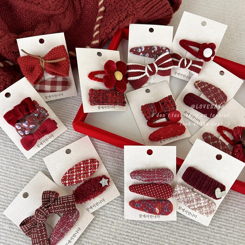 新年春节款红色系布艺蝴蝶结花朵发夹喜庆节日拜新年毛毛发饰