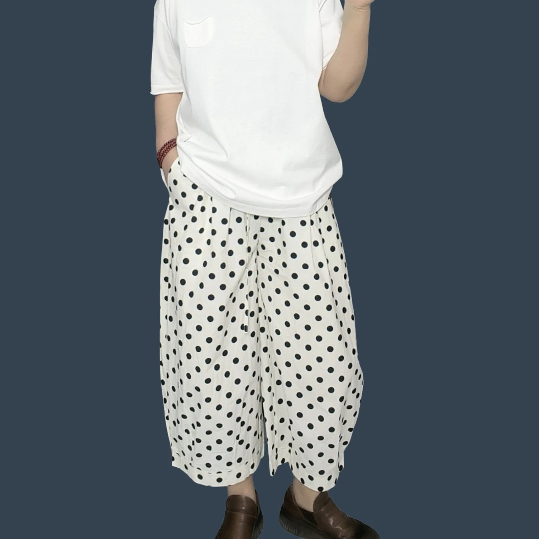 夏季新款黑白波点长绒棉布松紧腰宽松女士灯笼裤