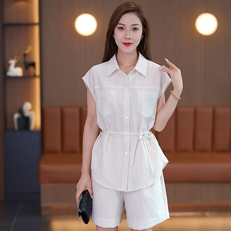 2025夏季新款时尚洋气质短袖衬衫短裤两件套女韩版收腰休闲两件套