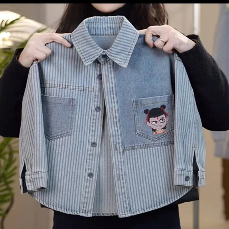 哪吒2025男童春秋装条纹拼接牛仔衬衫新款儿童休闲休闲长袖外套潮