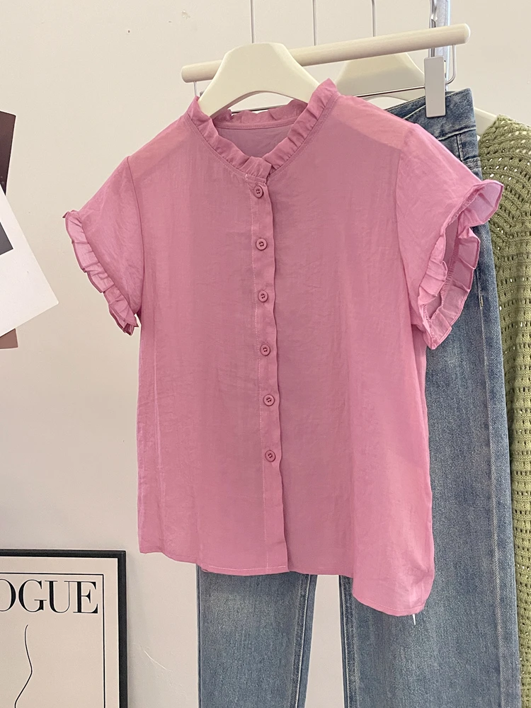 独特安可拉红通勤休闲短袖衬衫2025年夏季新款洋气小衫时尚上衣女