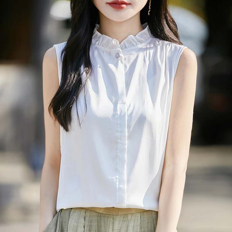 醋酸缎面木耳边无袖背心女西装打底衫百搭宽松上衣夏大码夏季