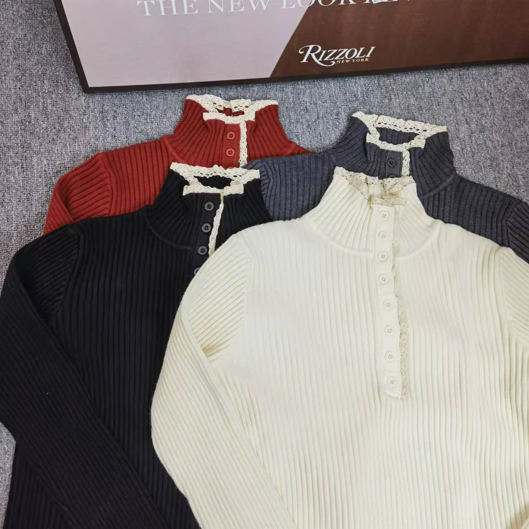 【志玲家】严选 蕾丝边半开领半排扣打底针织衫