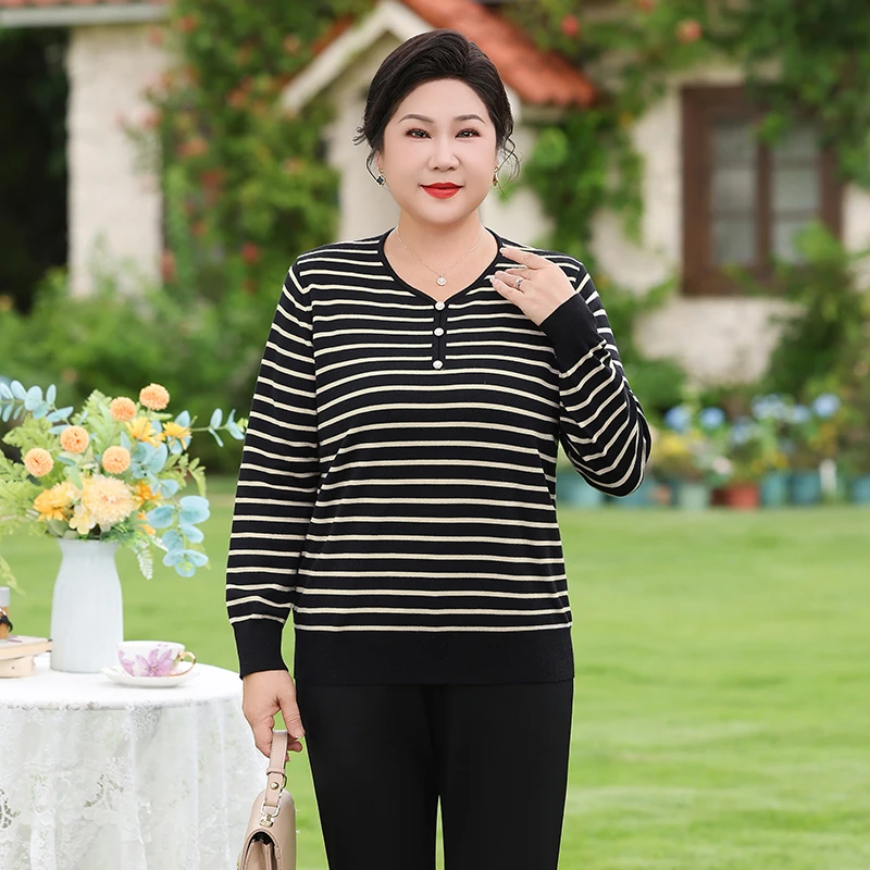 时尚条纹显瘦针织毛衫上衣中老年妈妈装秋季新款减龄百搭长袖打底