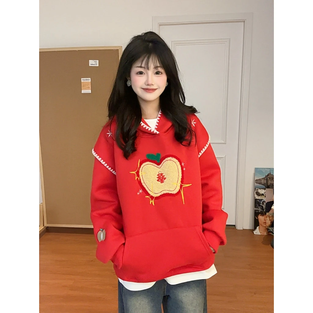 HandSeven美式趣味苹果刺绣重磅卫衣秋冬加绒保暖花边连帽卫衣