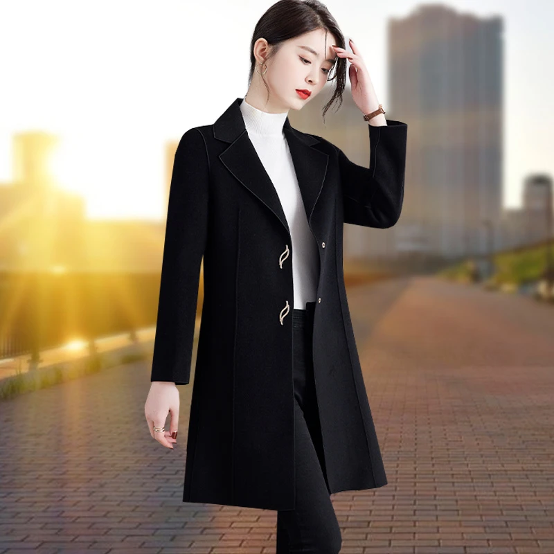 啄木鸟毛呢外套女中长款秋新款妈妈洋气双面羊绒高端西装呢子大衣