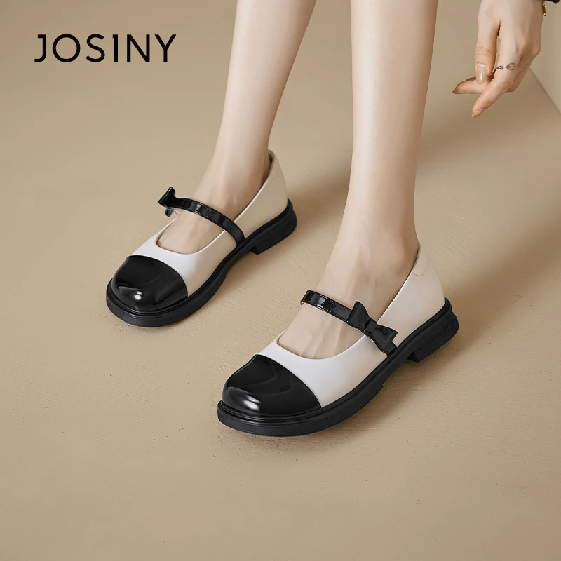 卓诗尼软底舒适小皮鞋女2025春季新款拼色小香风玛丽珍蝴蝶结单鞋