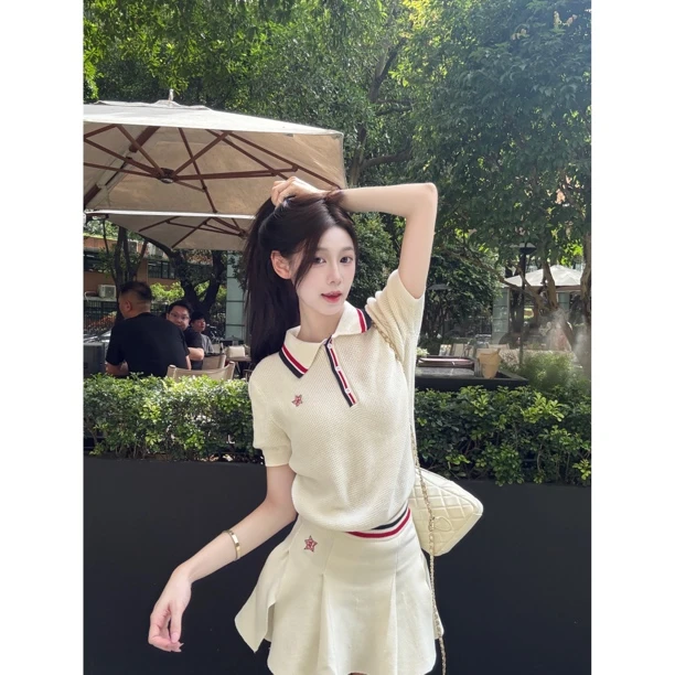 【Meng服饰】迪家轻奢老钱感氧气少女华夫格针织polo短裙套装