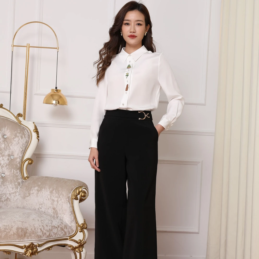 【重磅真丝】100%桑蚕丝32姆米重绉重工订珠长袖真丝女士衬衫8696C