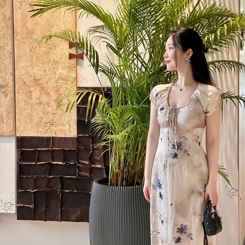 CHO&ZA【梦奎】国风轻奢新中式玫瑰短袖气碎花质连衣裙CZ003