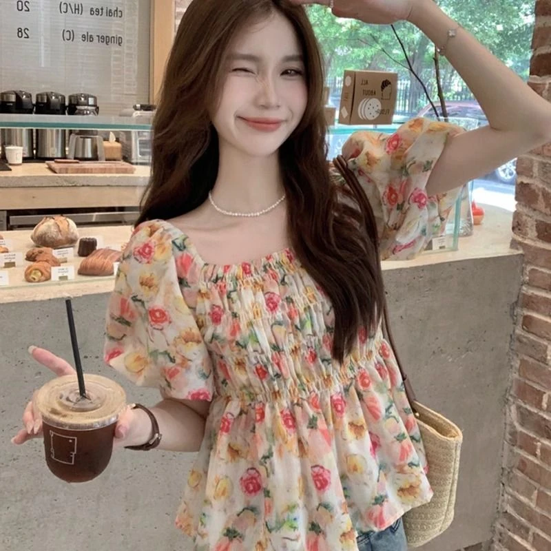 H碎花短袖雪纺衫女装夏季新款大码法式方领泡泡袖收腰衬衫短款上