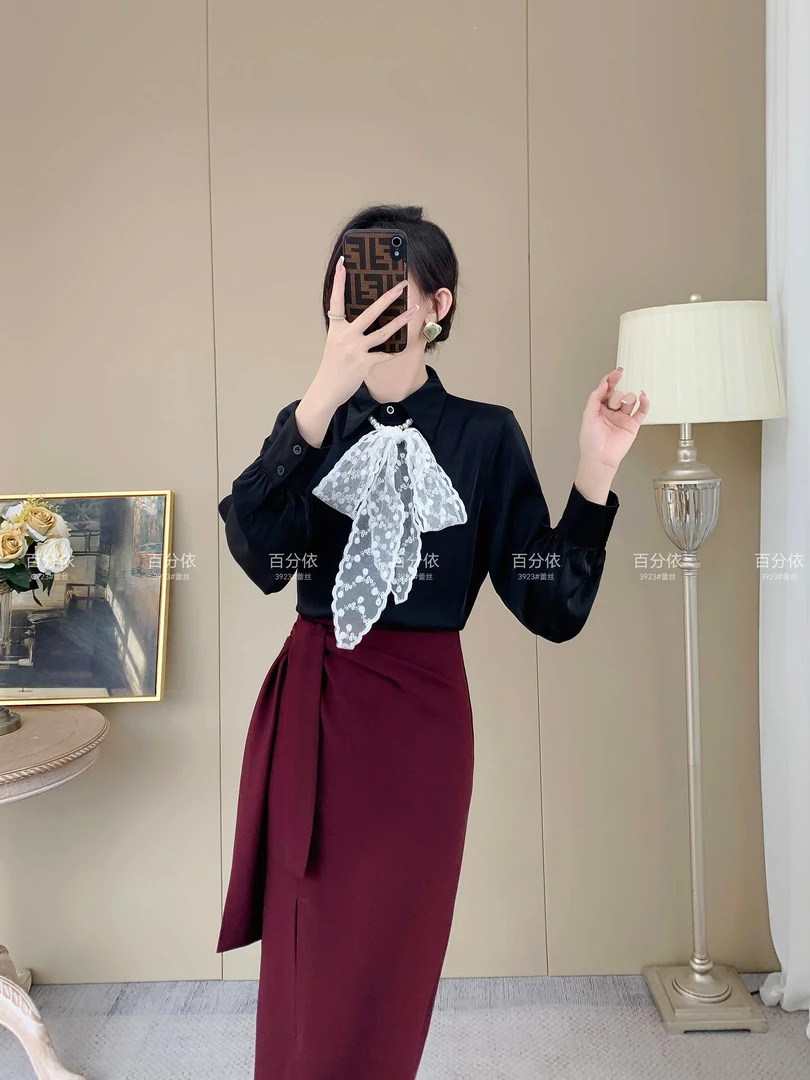 法式蕾丝蝴蝶结系带衬衫女早春新款高级感独特气质长袖
