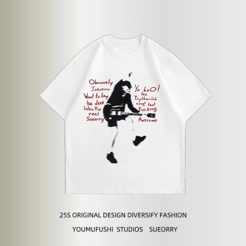 美式复古摇滚人像印花短袖T恤男夏季新款情侣慵懒风宽松休闲短t