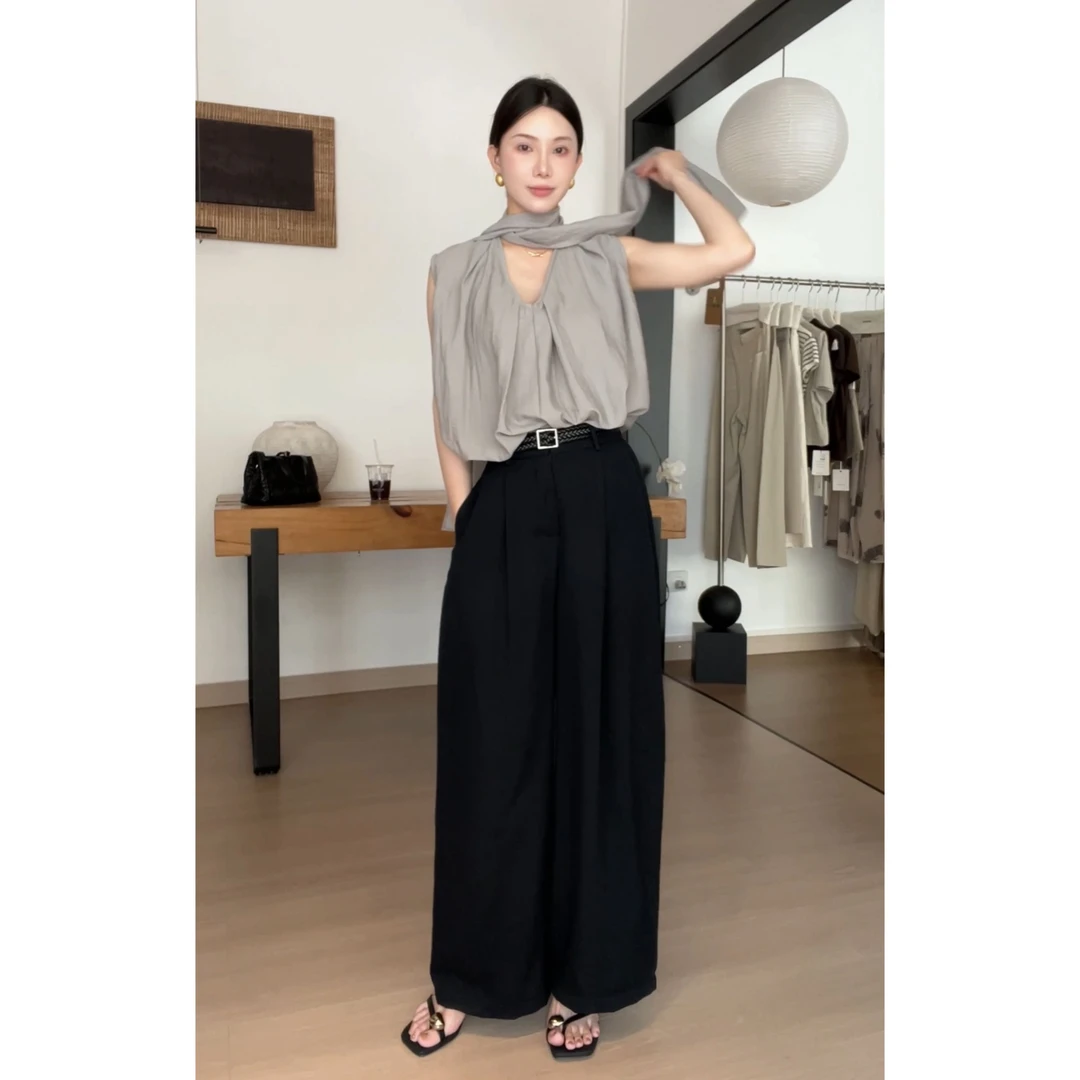 法式宽松显瘦系带领气质百搭衬衫小众无袖衬衣上衣25238