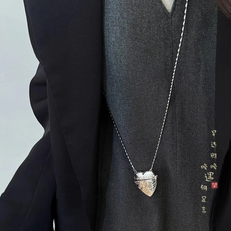 合金项链 可打开银色浮雕爱心项链女双层叠戴长款毛衣链秋冬配饰