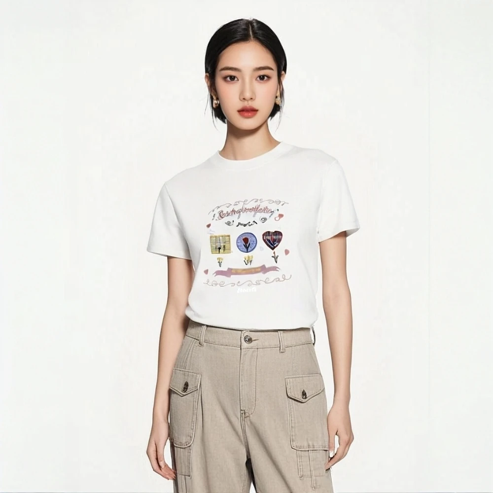 【现货发】花田高级款正肩短袖t恤女夏季显瘦收腰小个子穿搭上衣服