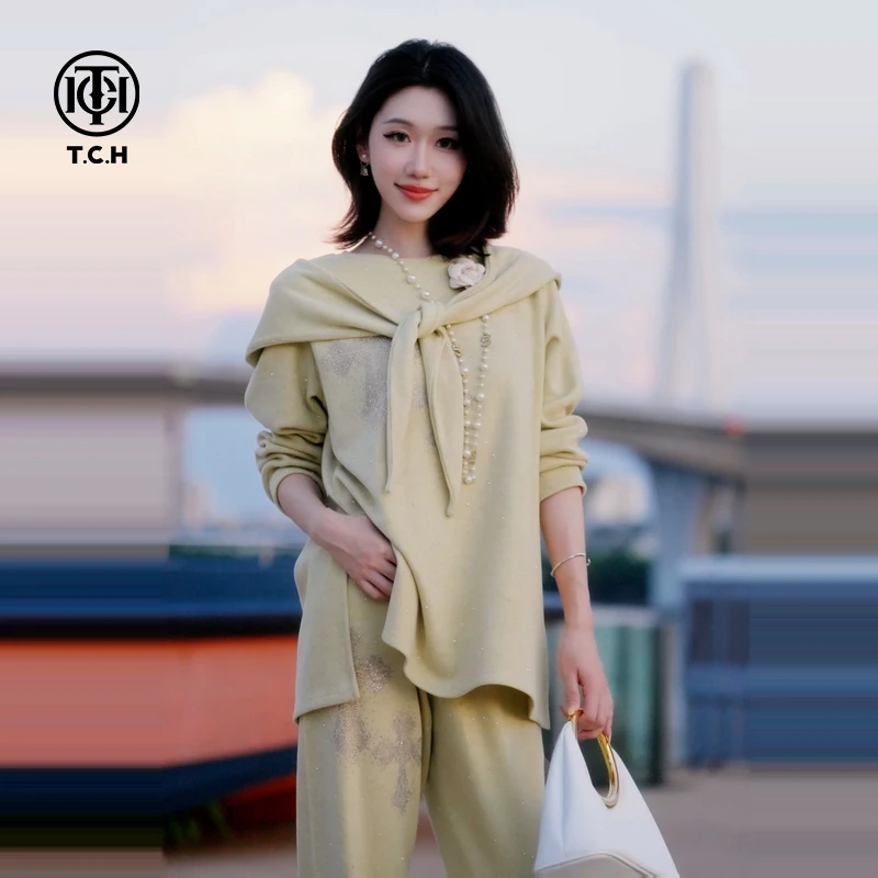 TCH秋款时尚休闲风烫钻淑女气质色套装T75C07E1089秋冬秋季减龄