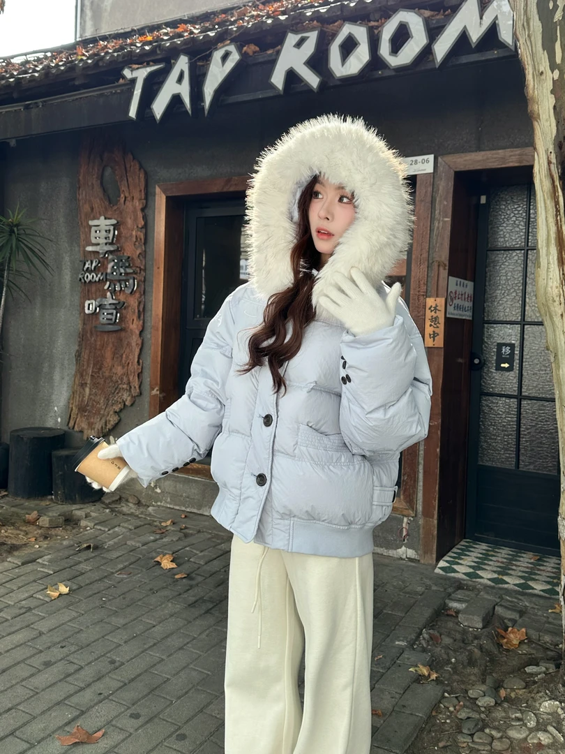 【糯米糍】白鸭绒可拆卸毛领连帽防风羽绒服女显瘦显腿长外套冬