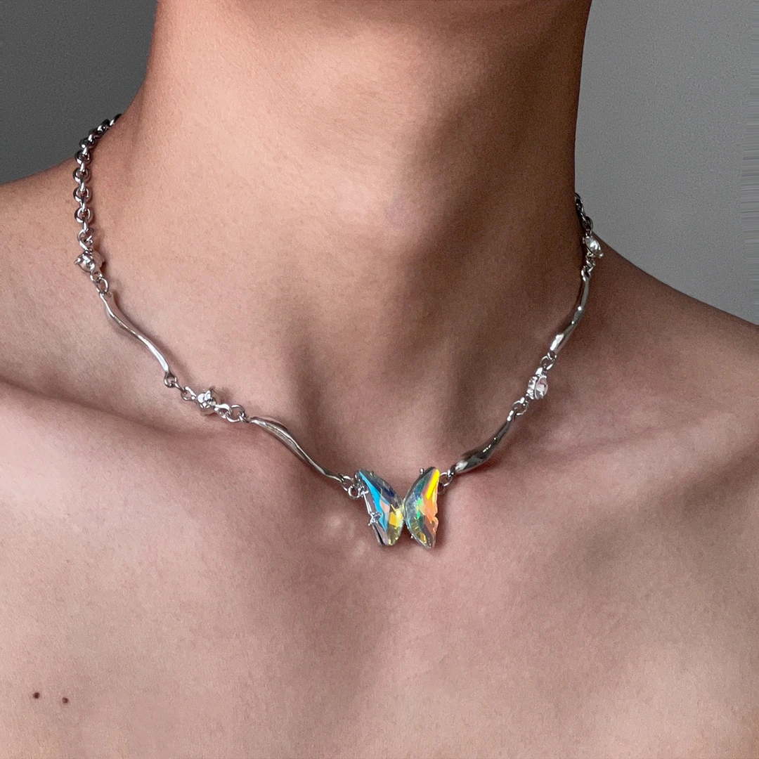 钛钢项链 渐变蝴蝶不规则项链男y2k辣妹潮流锁骨链彩色设计颈链潮