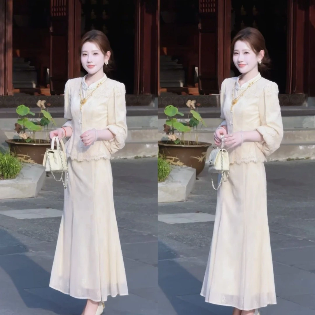 1922025冬新中国风加厚质感显瘦上衣裙子套装女贵气优雅气质