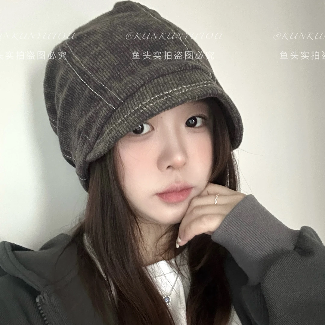 困困鱼头 日系短檐复古水洗棉冷帽百搭显脸小秋冬街头慵懒堆堆帽