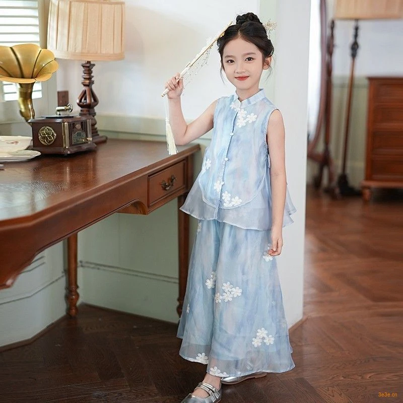 唐装中国风复古古装汉服时髦爆款儿童装女童套装夏装6-12岁潮流裙
