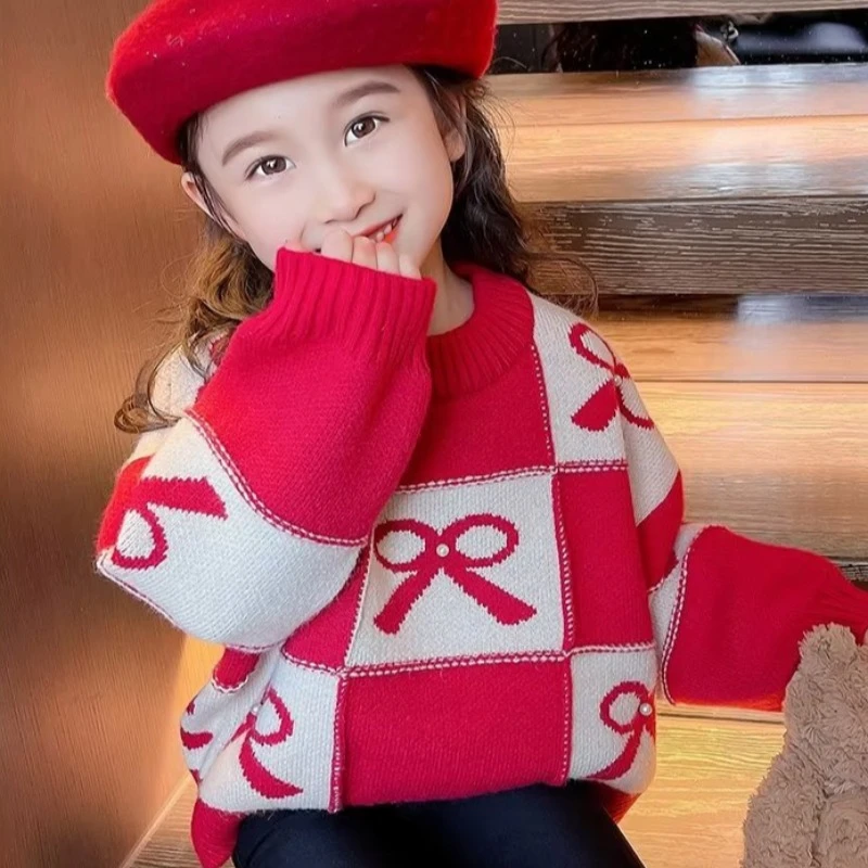 女童红色毛衣加厚2024秋冬装新款洋气儿童针织衫童装圣诞拜年线衣