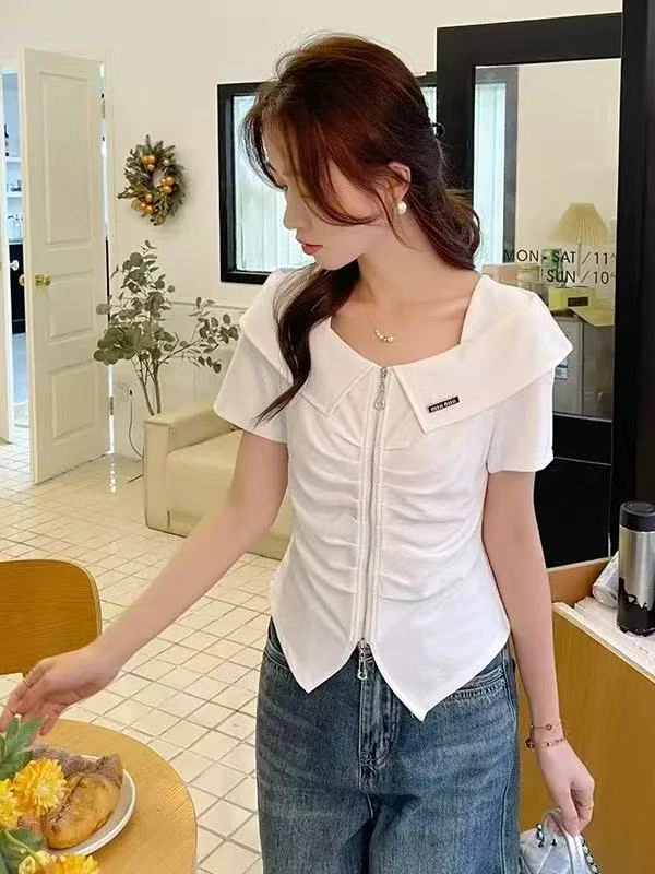 8906#2025新款显瘦拉链设计短袖T恤