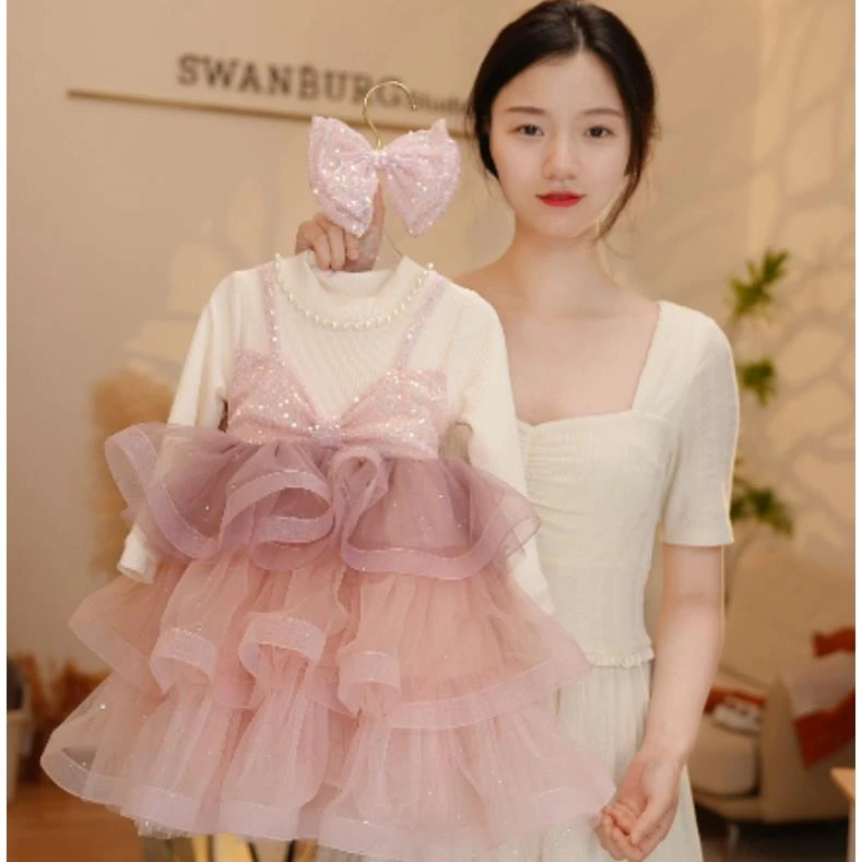 【Y.a4264】25新款女童洋气亮片拼接网纱蛋糕公主裙秋冬甜美连衣裙