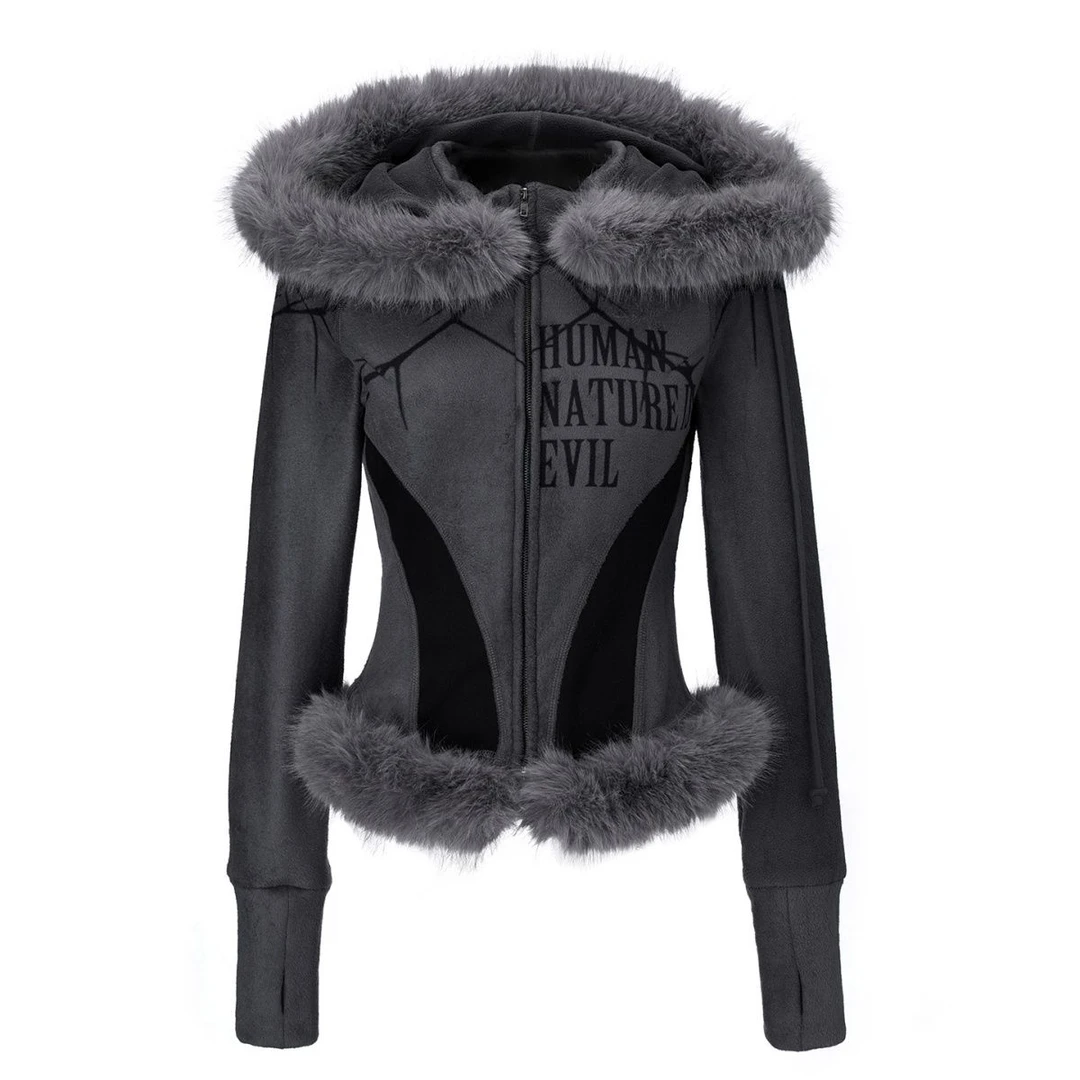 美式摇滚朋克机车摇粒绒长袖加绒毛领连帽卫衣外套亚文化修身上衣