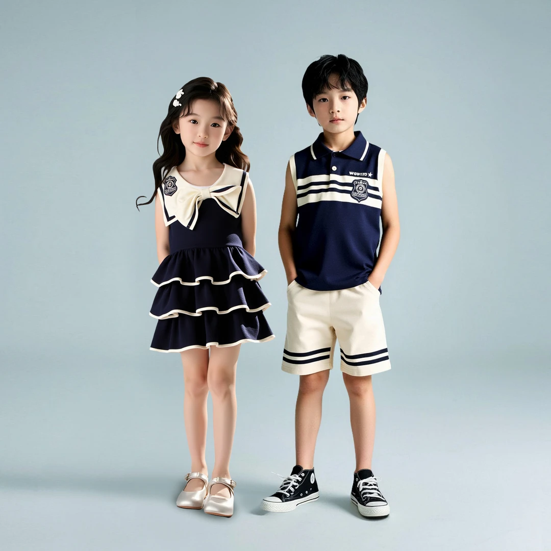 夏季2025男童女童翻领背心套装儿童韩版洋气蛋糕裙连衣裙D2S6-790