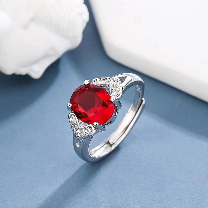 足银戒指 纯银s999戒指女款千足银简约百搭宝石红银指环经典复古