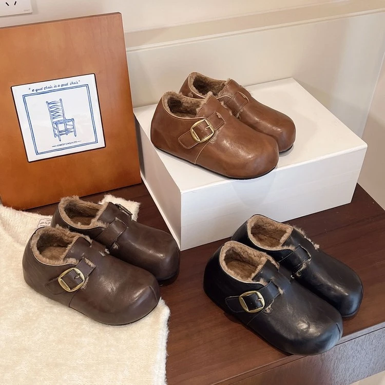 2025冬季新款5cm内增高厚底皮面博肯加绒保暖包头女外穿棉鞋懒人J