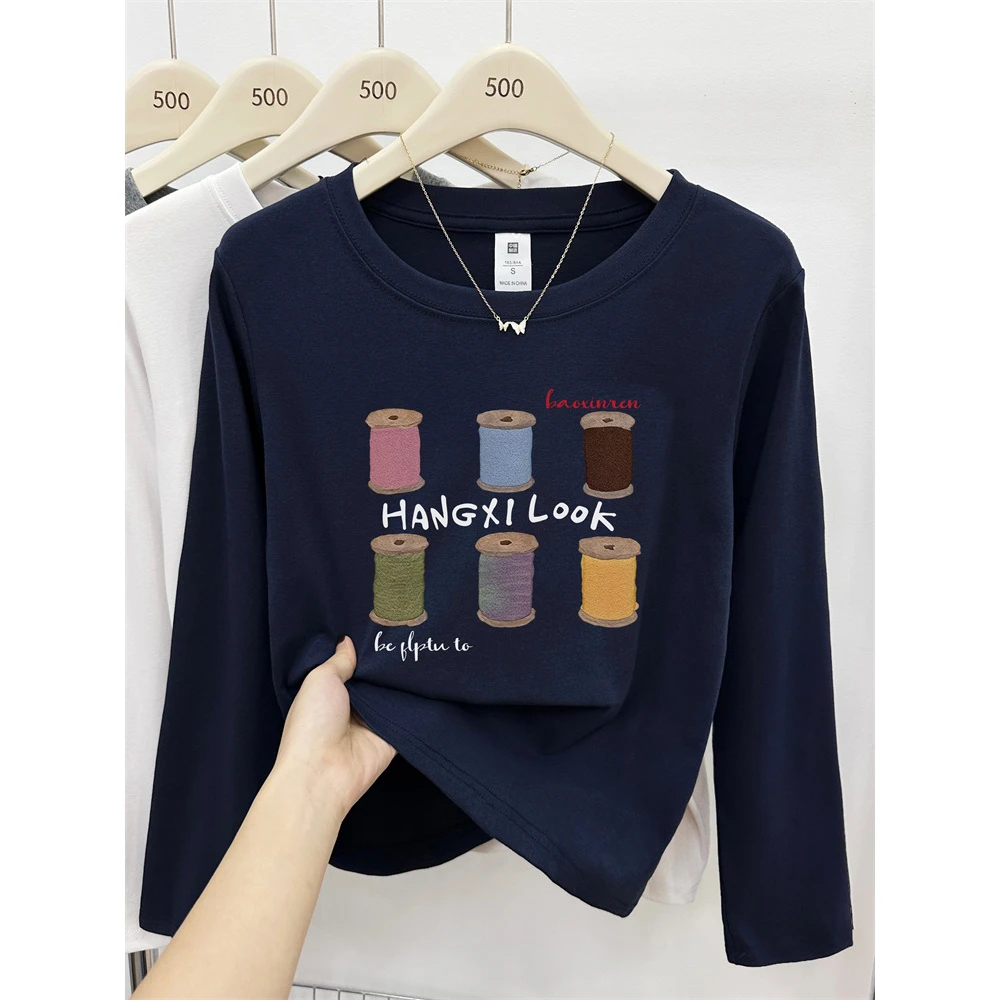 韩版时尚彩色线圈印花胖mm大码正肩长袖T恤女装秋款圆领上衣潮ins
