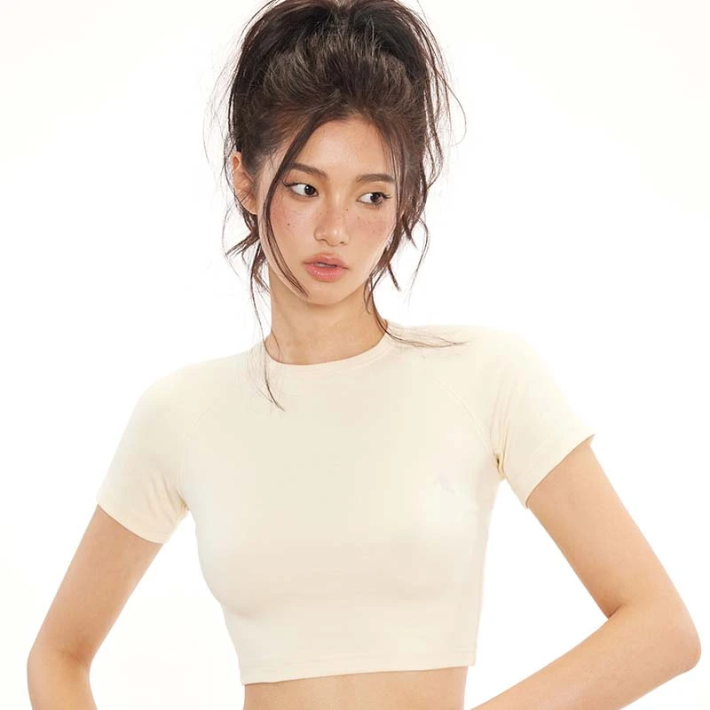 逐风尚美式弹力短款螺纹短袖圆领T恤露脐白色打底衫修身纯色0903