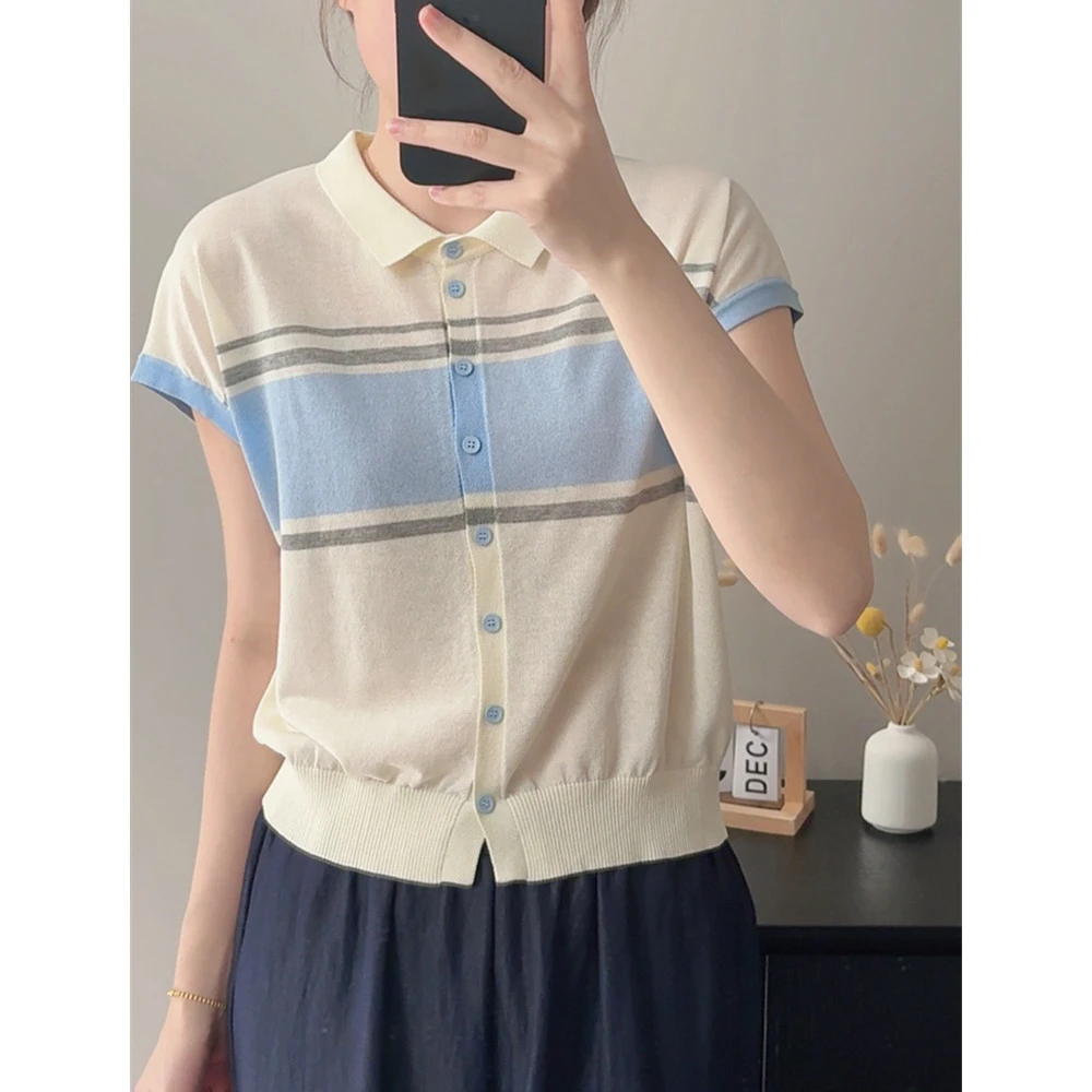 ~85%莱赛尔纤维~~~【线下同款】-条纹polo领短袖开衫