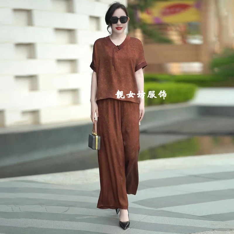 宽松上衣V领衬衫休闲百搭洋气T恤衫+九分阔腿裤时髦妈妈两件套装