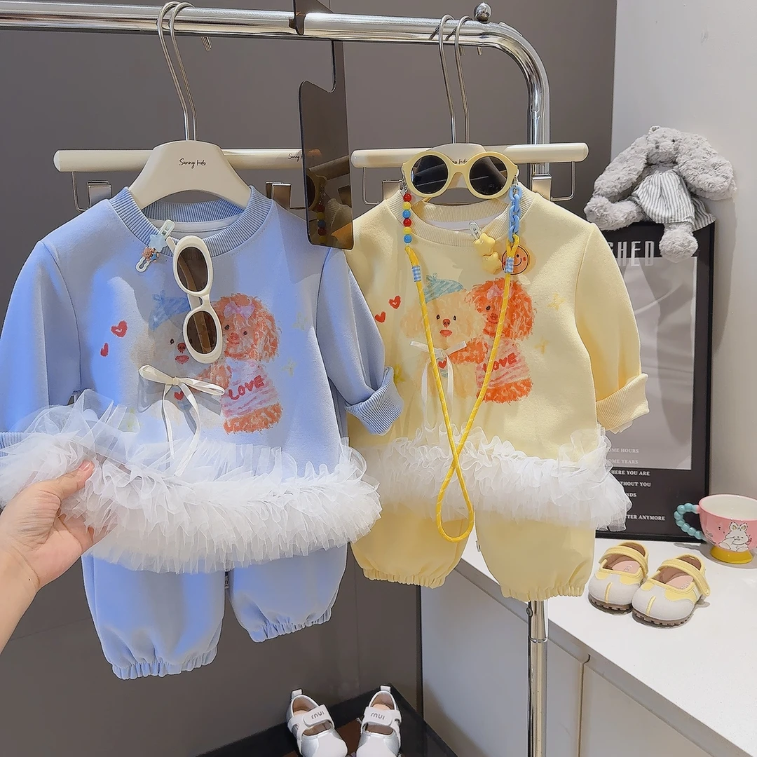 卫衣套装秋装新款可爱卡通印花网纱花边下摆女童卫衣卫裤两件套