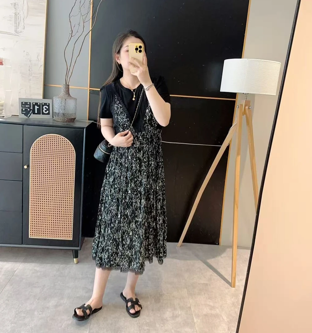 【午后茶歇】夏季新款小个子收腰拼接假两件短袖连衣裙 D25041717