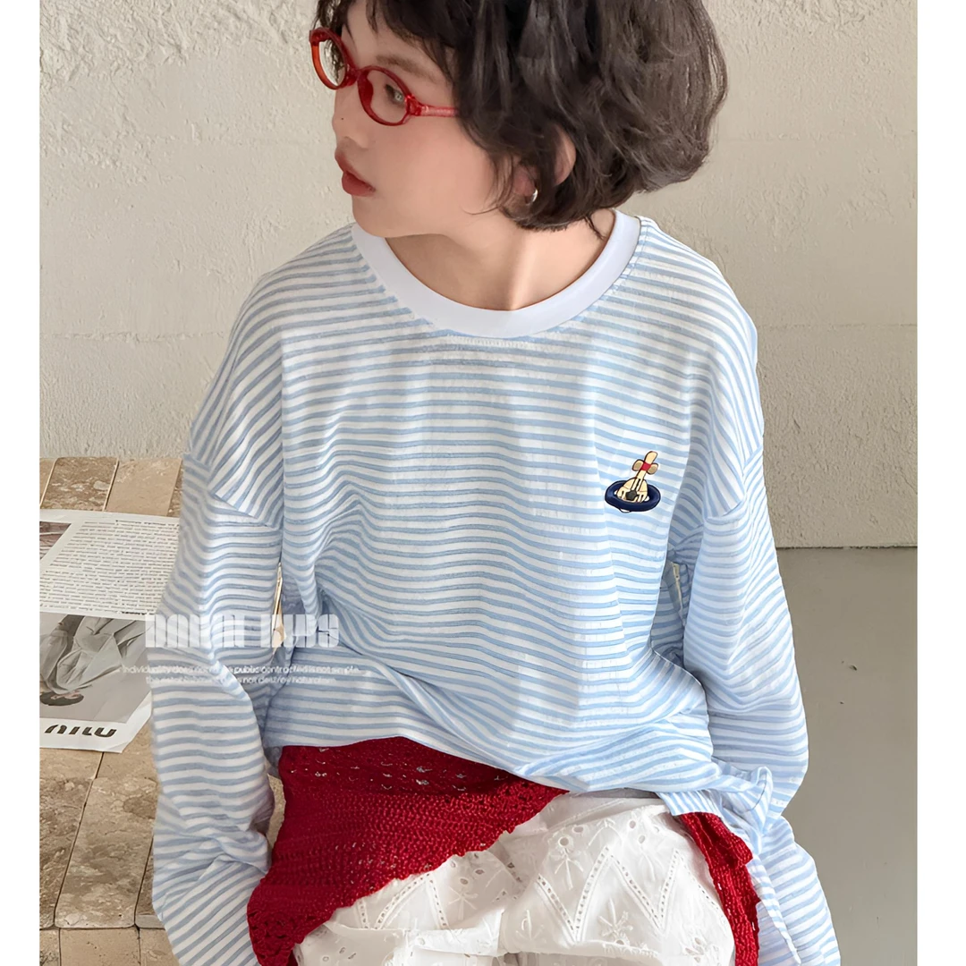【嗒囜】女童2025春季新款韩版条纹印花长袖T恤儿童时尚圆领上衣